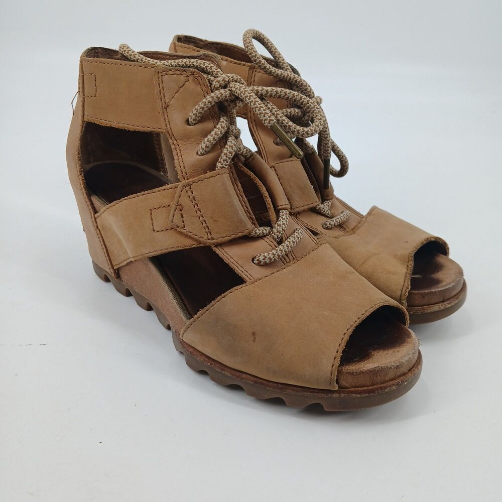 womans Sorel Brown Leather Lace-Up Open-Toe Platform Wedge Sandals size 9.5